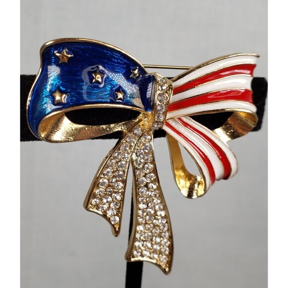 Red White & Blue Enamel Striped Gold Bow Rhinestones and Gold Stars Brooch - Picture 6 of 16